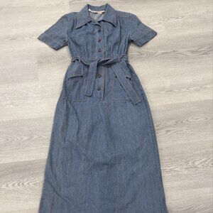 Vintage 90s 80s EL JAY JRS Denim Boho Dress Short Sleeve Belted Maxi EUC Sz 13